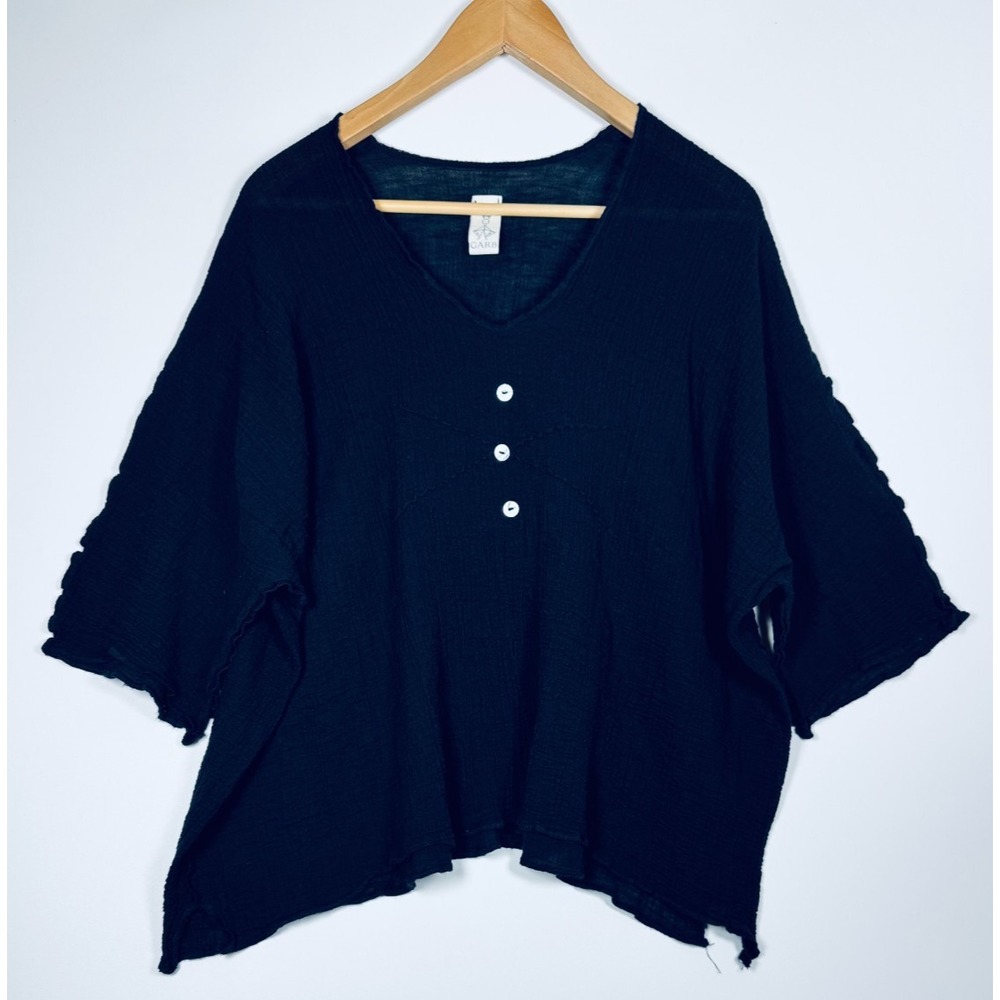 GARB Gauze Top Medium Black Cotton Oversized Boho Lagenlook Made in USA V Neck